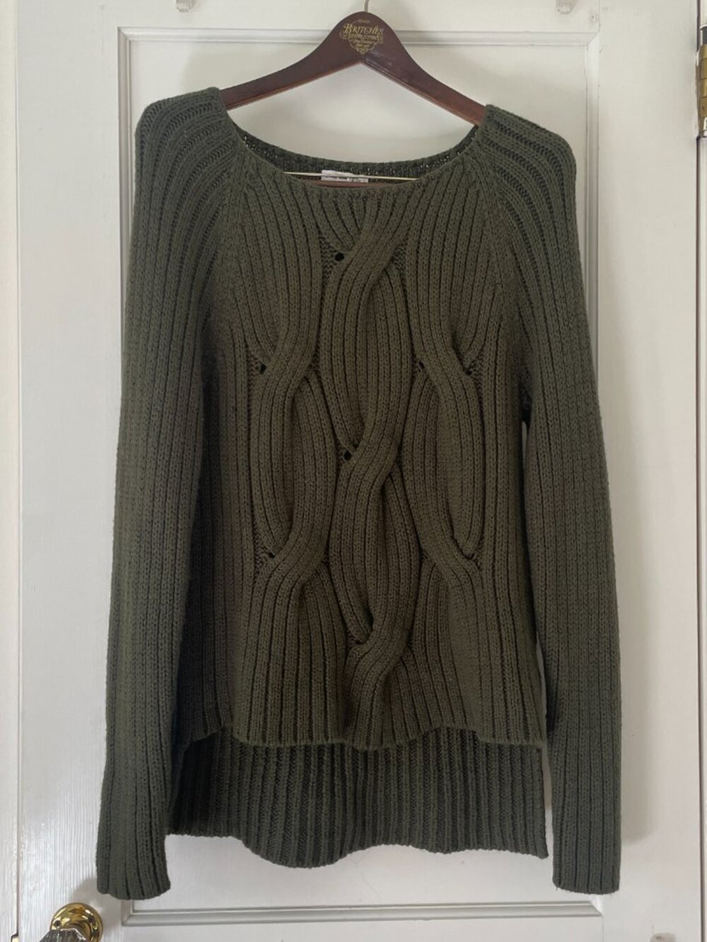 KF/KaufmanFranco Collective Olive Cable Knit Sweater Size Large High Low Wool - Picture 2 of 8